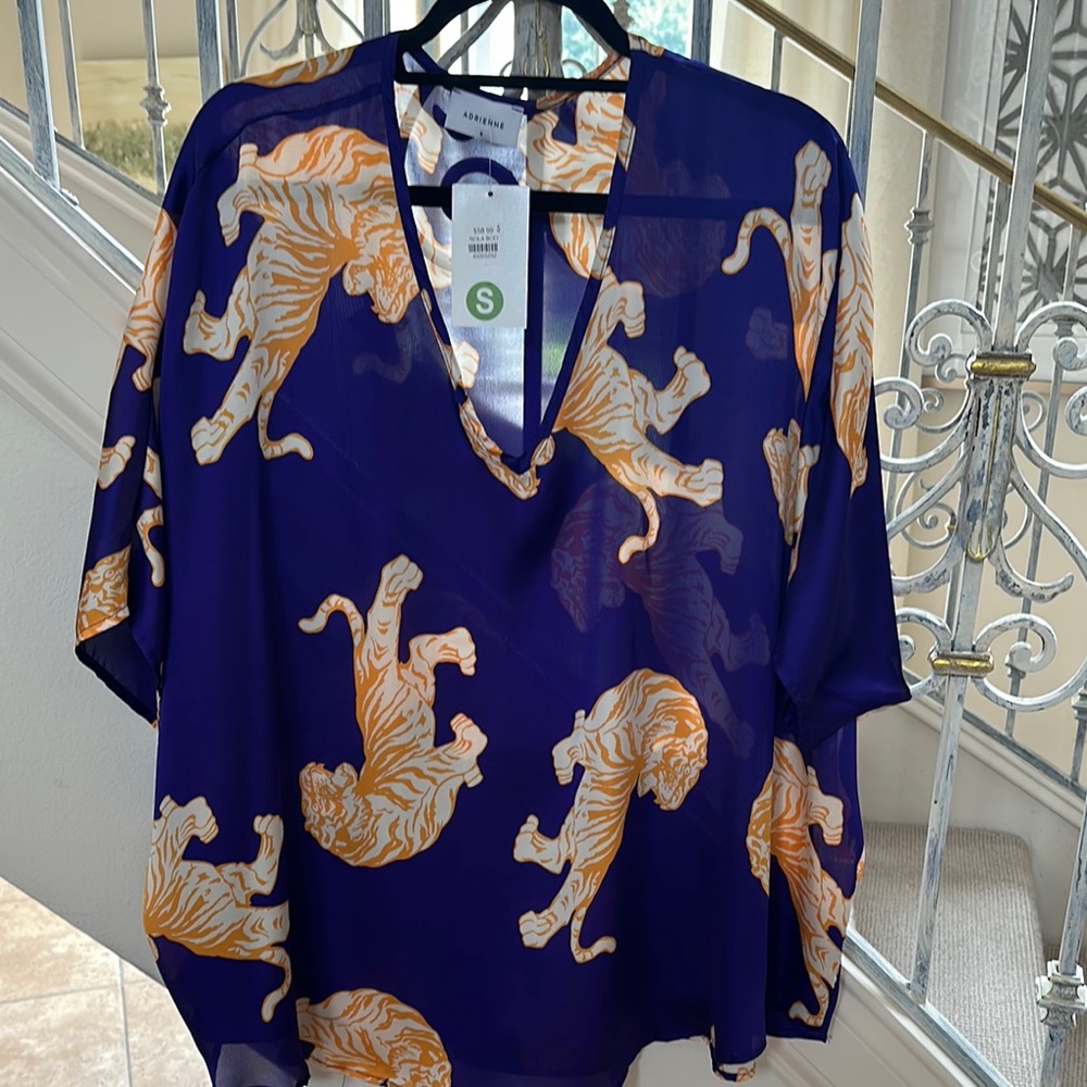 Adrienne Vivid Purple Blouse with Bold Orange Tiger Design